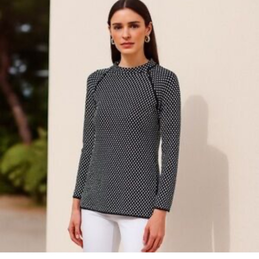 MaxMara STUDIO Black and White Patterned Knit Top Mock Neck Sculpt Knit M